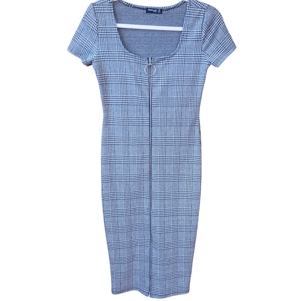 Popular Basics Gray Plaid Bodycon Dress Size M Zip Front Academia Office Siren